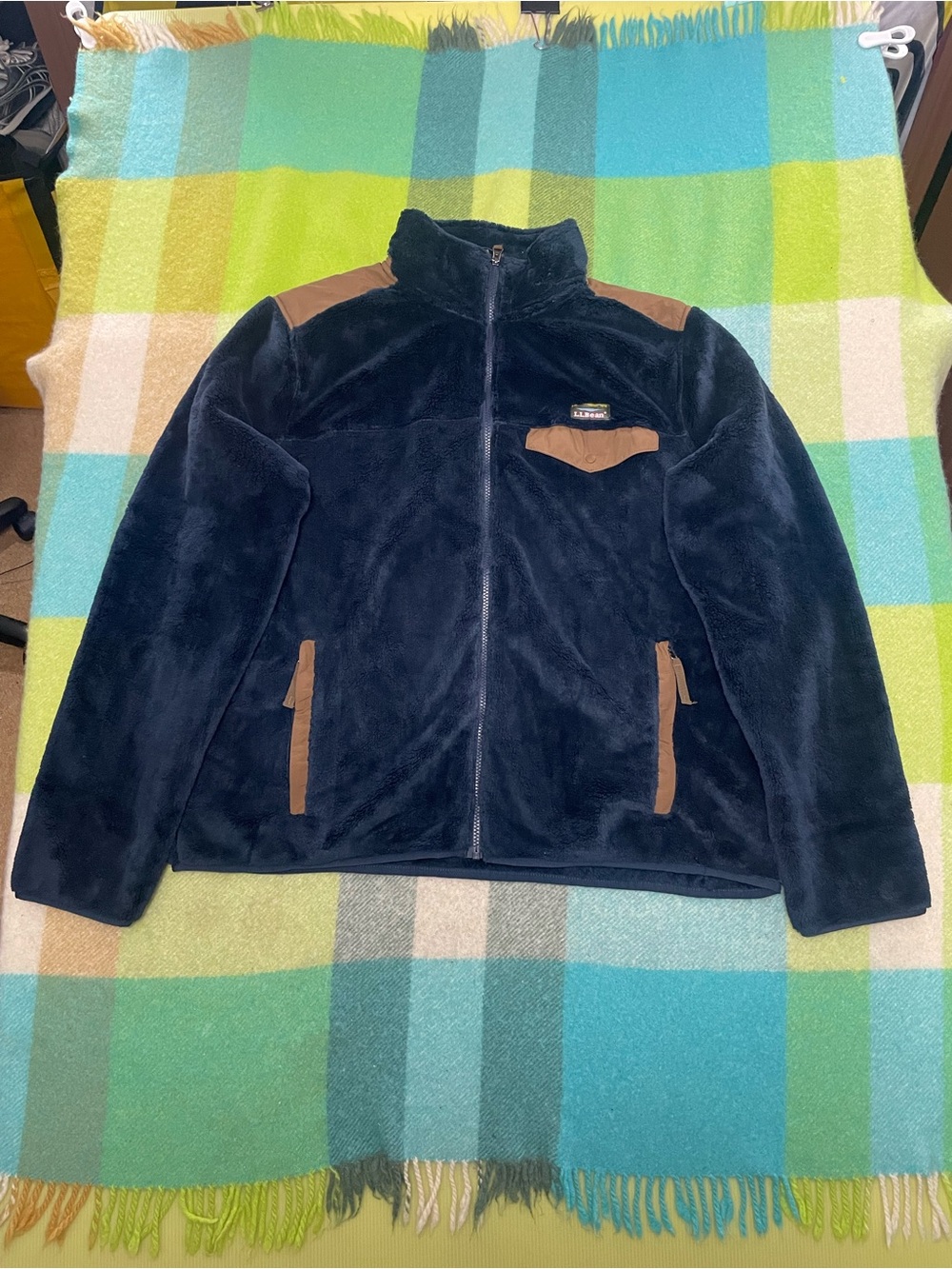 L.L.Bean Men's Hi-Pile Fleece Full Zip Jacket Navy Maple Brown